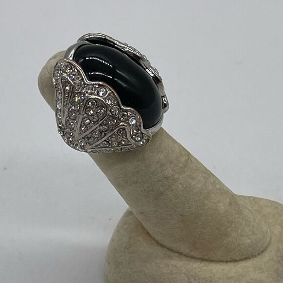 Faux Black Onyx with Rhinestones accent on Silver-tone - Picture 3 of 4